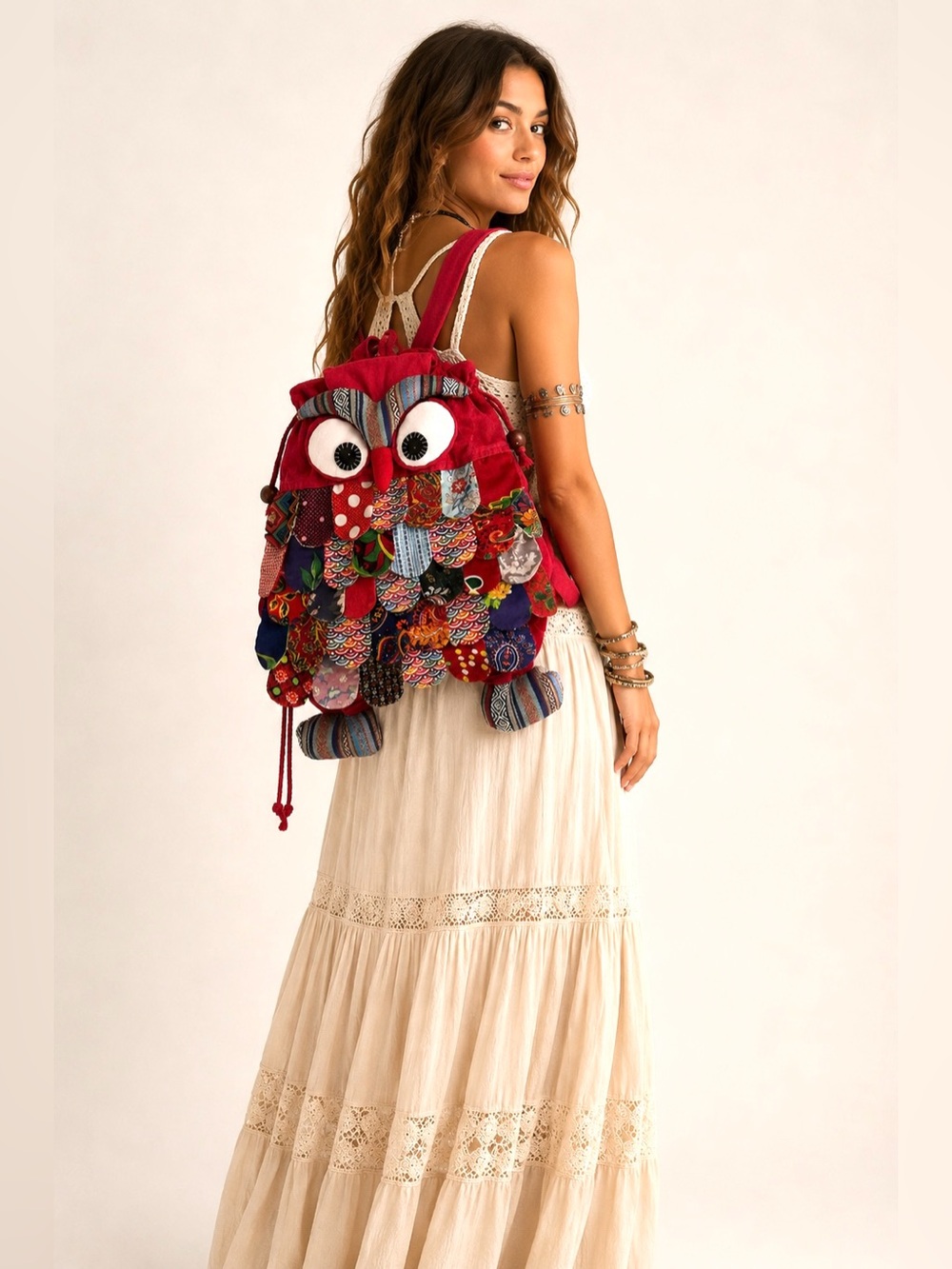 Boho Cottagecore Patchwork Drawstring Backpack Owl Kitschy Twee Festival Rave